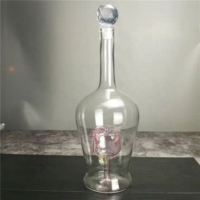 750 ml de garrafas de vinho de vidro soprado feitas à mão com forma única de flor de rosa decorada