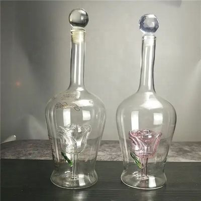 750 ml de garrafas de vinho de vidro soprado feitas à mão com forma única de flor de rosa decorada